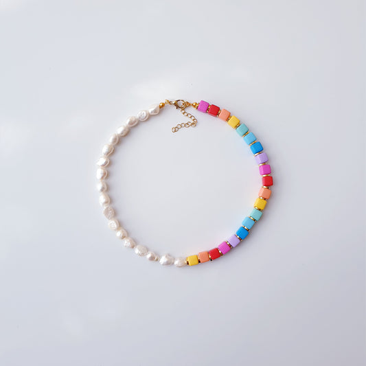Rainbow & Freshwater Pearl Beaded Necklace