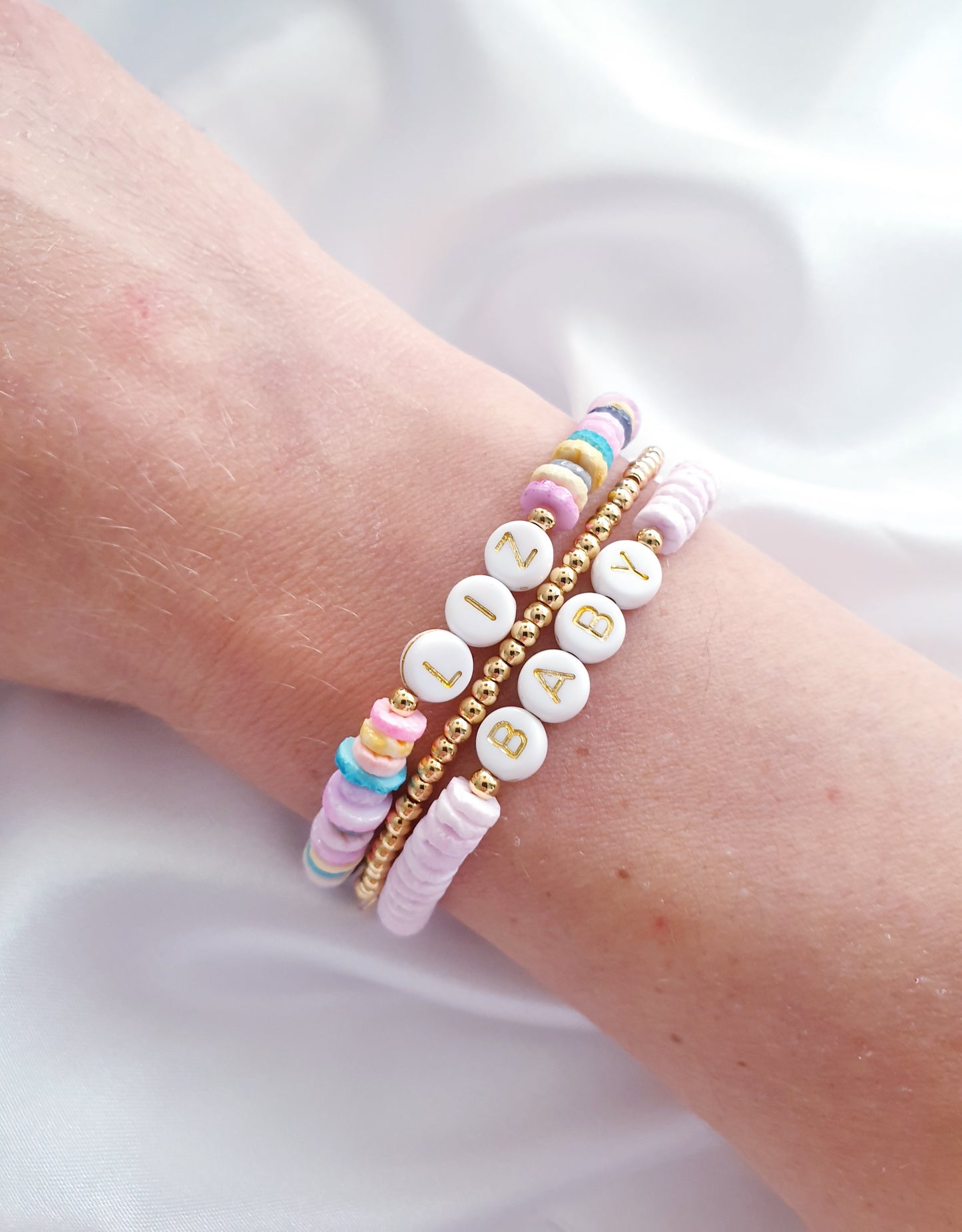Personalised Beaded Name Bracelet - Nacreous Stamp Beads a.k.a EYE CANDY