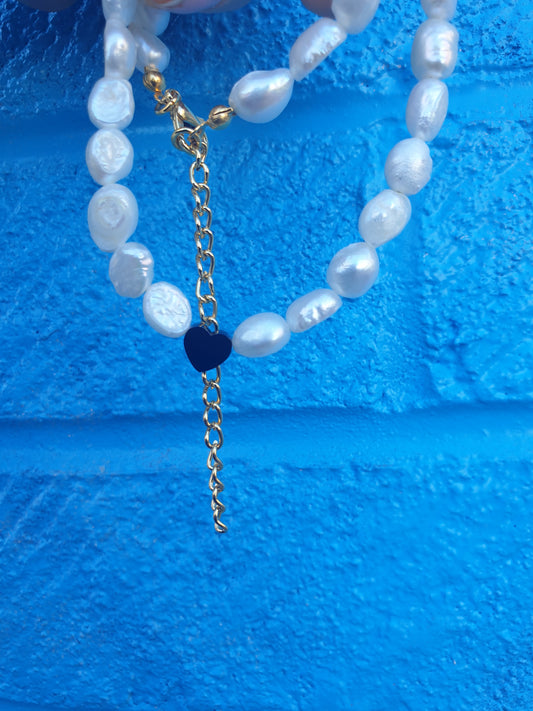 Freshwater Pearl Necklace with Black Heart Charm