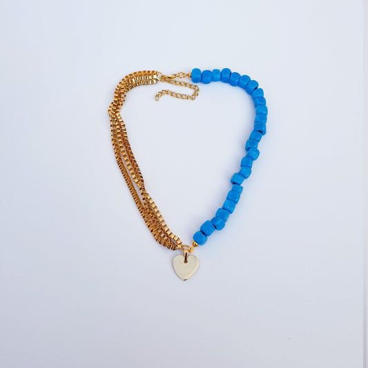 Gold Heart Pendant Necklace - Authentic Blue Beads & Gold Chain
