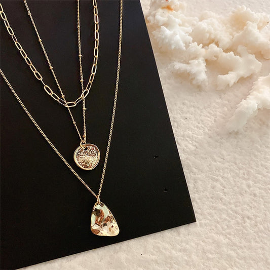 3 Pieces Multi Layered Hammered Gold Pendant Necklace Set