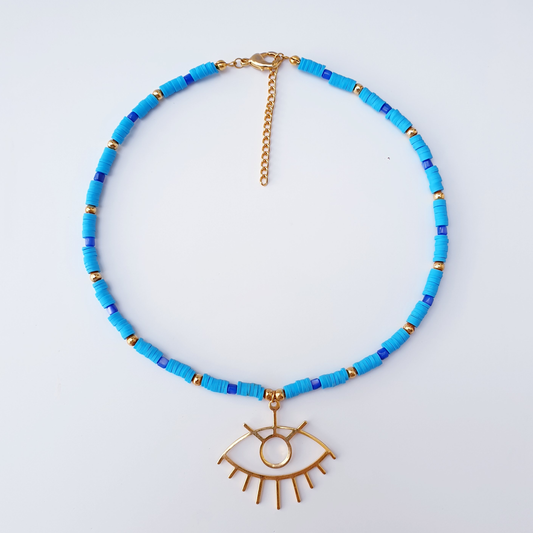 Gold Evil Eye Pendant Blue Beaded Necklace