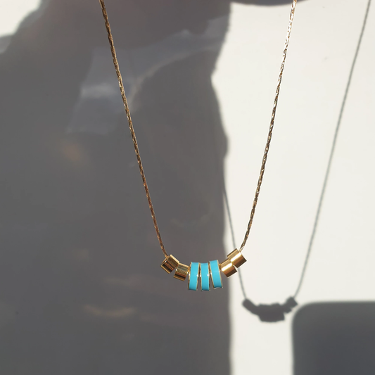 Blue Disc Charm Skinny Gold Chain - Minimalistic Necklace
