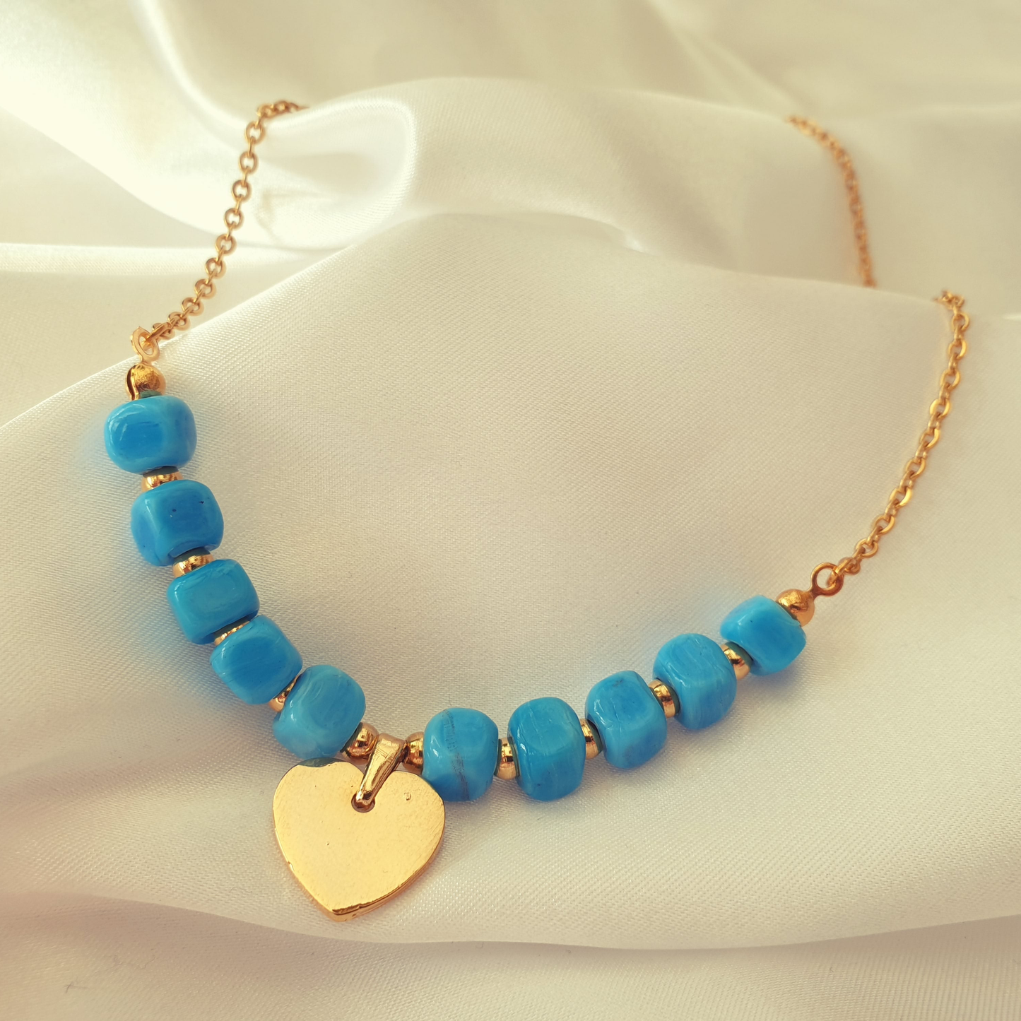 Blue Authentic Gem Beaded Gold Chain Heart Pendant Necklace