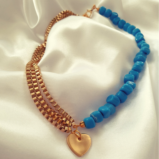Gold Heart Pendant Necklace - Authentic Blue Beads & Gold Chain